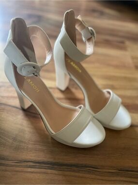 White Block Heel Ankle-Strap Sandals